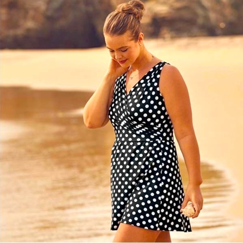 Land’s End Polka Dot Wrap One Piece Swim Dress - Picture 1 of 8